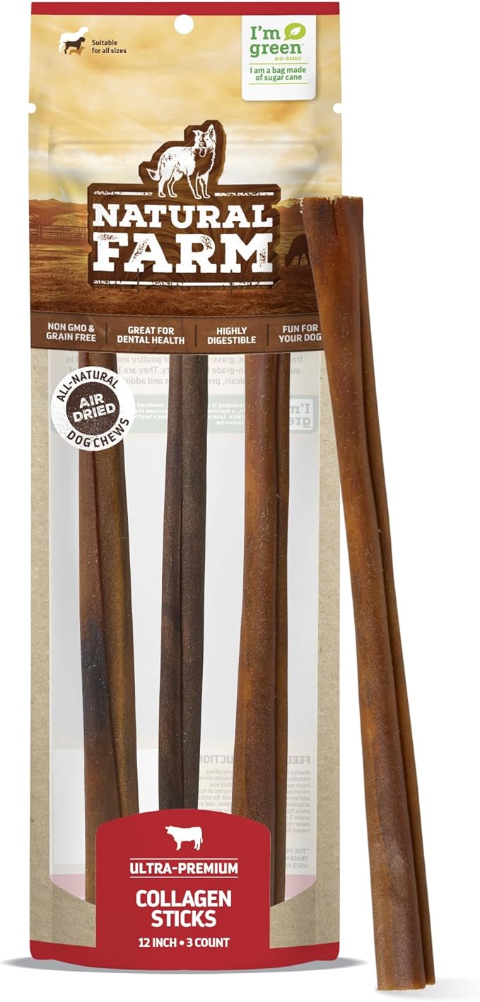 Natural Farm Odor-Free Collagen Chews (12 Inch, 3 Pack), Long Lasting Bully Sticks & Rawhide Alternative Dog Treats, 95% Collagen Low Fat, High Protein Best Dental Dog Treats – Medium & Large Dogs