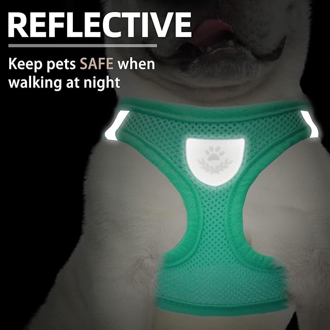PUPTECK Adjustable Dog Harness Collar and Leash Set Step in No Pull Pet Harness for Small Medium Dogs Puppy and Cats Outdoor Walking Running, Soft Mesh Padded Reflective Vest Harnesses, Solid Green L