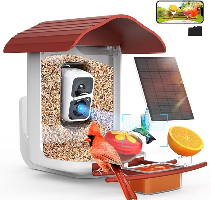 birdsnap® PAV- Smart Bird Feeder with Camera Solar Powered, 64GB Card & 2K HD Record Video Bird Camera Live with 5 DIY Add-ons, AI Identify Auto Capture, Ideal Gift for Birds Lover