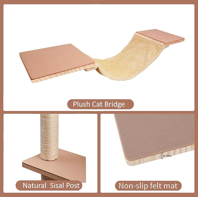 Cat Shelves for Wall，Solid Wood Cat Wall Furniture with Scratching Post,Hammock,Jumping Boards,Steps,Condo and Felt Pads, Suit for Cats Climb, Jump, Nap, Scratch-Beige