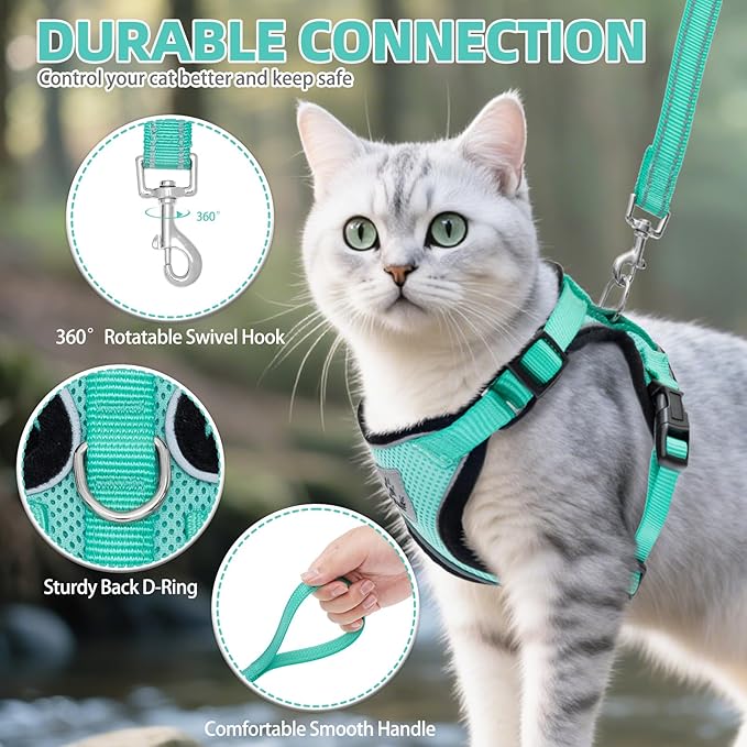 PUPTECK Cat Harness and Leash Set Escape Proof Reflective Cat Walking Harness Adjustable Soft Breathable Mesh Vest for Small Pets, Aquamarine, M