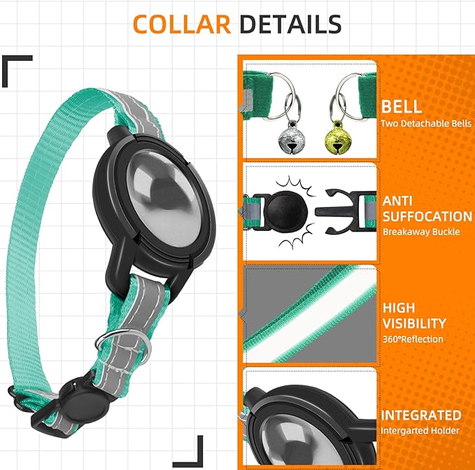 Airtag Cat Collar Breakaway, Odokele Reflective Cats Collars with Apple Air Tag Holder for Kitten, Cat GPS Tracker Adjustable Collars with Safety Quick Release Buckle for Kitties and Puppies - Teal