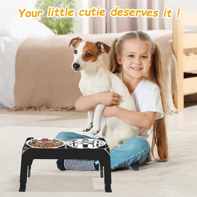 Elevated Dog Bowls 3 Height Adjustable Raised Bowl Stand with 25oz Stainless Steel Dog Food Bowls Anti-Slip for Small Dogs Adjusts to 7.5", 6", 2.75", Black