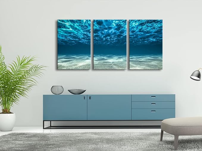 Wieco Art 3 Piece Blue Ocean Bottom Canvas Wall Art for Living Room Beach for Bedroom Wall Decor Seaview Pictures Painting On Canvas Modern Canvas Prints Artwork for Home Decorations