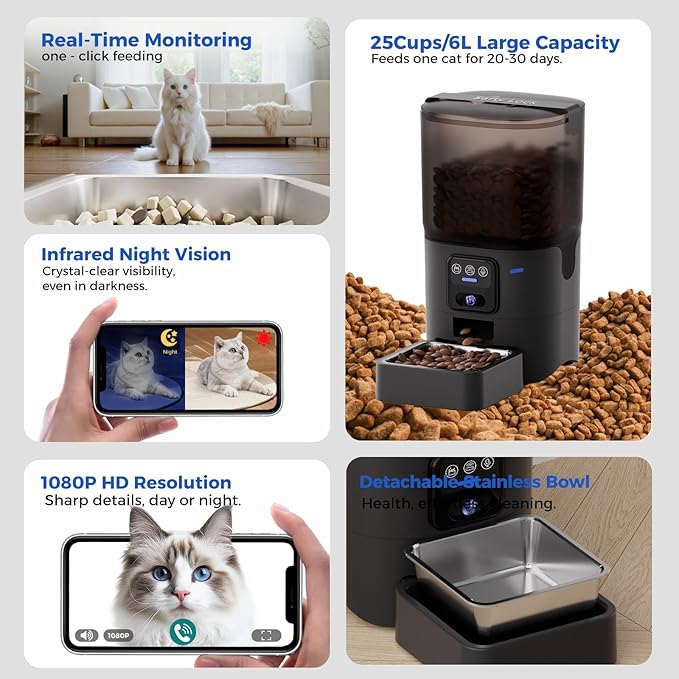 PAPIFEED Automatic Cat Feeder,Camera 1080P HD - 6L Pet Feeder, 2.4/5G WiFi Smart App Control, Bluetooth Assist Link,Wide-Angle Lens,Automatic Feeder for Small and Medium-Sized Pets (Wide Angle Video)