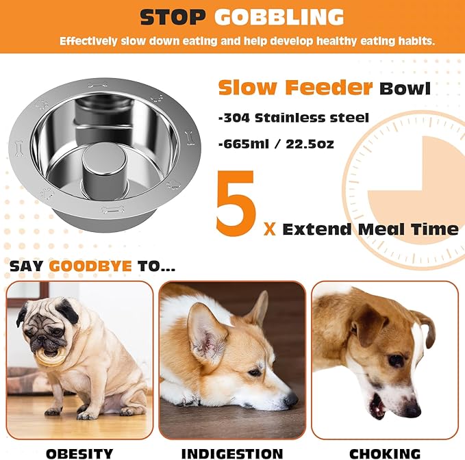 Elevated Dog Bowls for Dogs, 6 Heights Adjustable Raised Dog Bowl with Slow Feeder - 3 Stainless Steel Bowl, Tiltable Non-Slip Feeding Bowls with Metal Stand