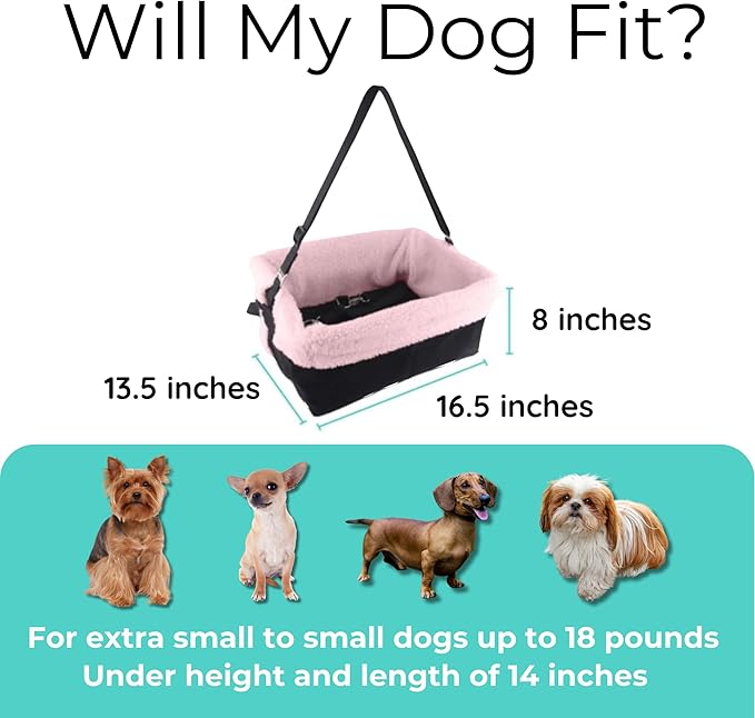 Blue Dog Booster Seat - Washable, Adjustable, Collapsible Pet Travel Carrier Bed - Safety Seat Belt Tether for Small Dogs, Puppies, and Pets up to 18 lbs