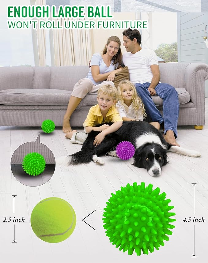 4.5” Heavy Duty Squeaky Dog Balls for Medium Large Dogs, Dog Toys for Aggressive Chewers, Spike Ball Toys for Clean Teeth and Training(2 Pack) (4.5" Purple and Green)