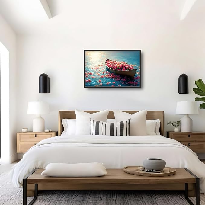 Large Lake Floral Landscape Wall Art for Living Room, Nature Boat Flower Canvas Oversized Wall Decor, Rose Scenery Framed Pictures Painting Print Artwork for Bedroom Office 36L" x 24W"