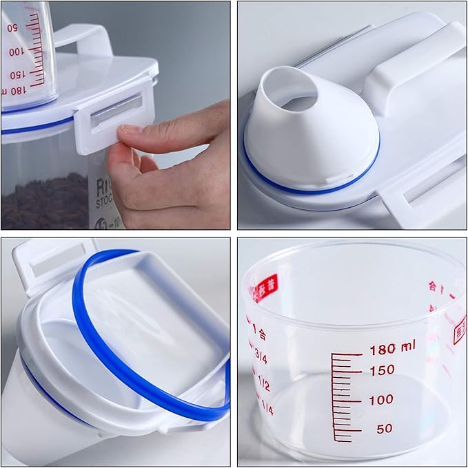 Rocutus Pet Food Storage Container,Portable Cat Dog Food Container With Measuring Cup,4 Seal Buckles Food Dispenser for Regular Food,Dogs, Cats, Birds (White Blue)