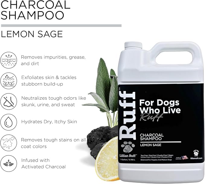 Ruff by Lillian Ruff Activated Charcoal Pet Shampoo – Lemon Sage – Deep Cleanser, Deodorizer & Stain Remover – Hydrates Dry Itchy Skin – Puppy & Dog Safe – USA Made (Gallon Pump)