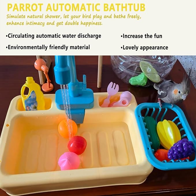 kathson Parrot Bathtub,Automatic Bird Shower Box,Multifunctional Parakeet Bathtub with Faucet,Bird Bathing Tub Pool Toy for Small Medium Birds Cockatiel Lovebird Budgie,Yellow