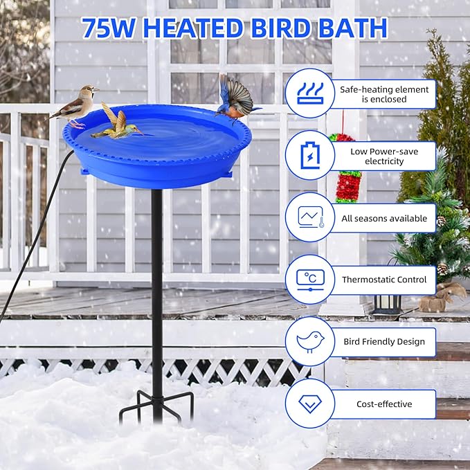 Heated Bird Bath for Outdoors for Winter, 75W Bird Bath Water Heater Bird Bath Deicer,Deep Bowl Thermostatic Control Weather Resistance Available with Stable Metal Pole for All Seasons(Blue)