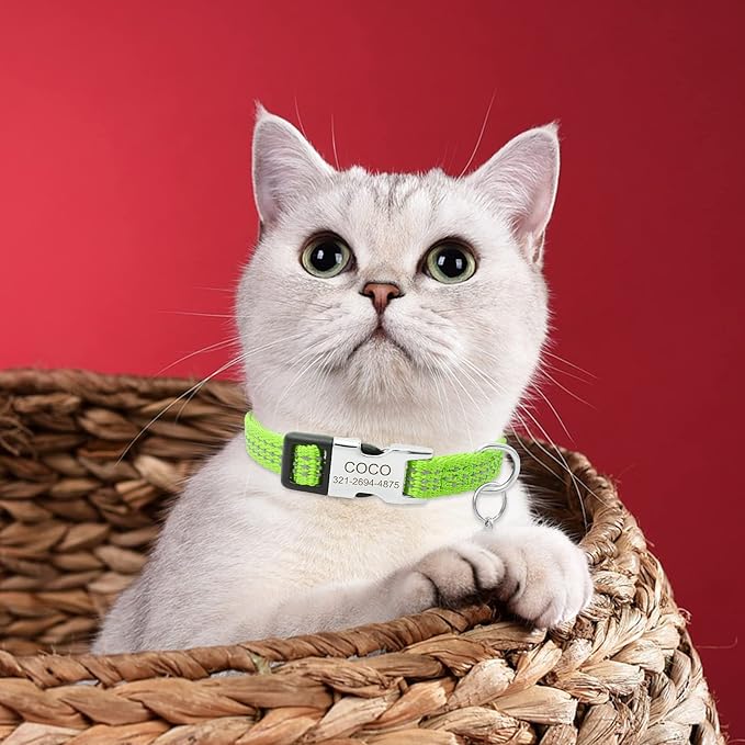 Personalized Reflective Nylon Cat Collar with Name Phone,Custom Engraved Buckle Cat Collar with Bell,Adjustable for Small Dogs Puppy Kitten (Green,fit 7.5''-12.0'')