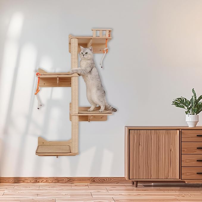 Wall Mounted Cat Tree - 7 PCS Cat Wall Shelves & Perches with Tall Sisal Scratching Posts, Wall Mount Cat Climbing Tree & Space-Saving Furniture for Indoor Cats to Climb, Scratch & Lounge
