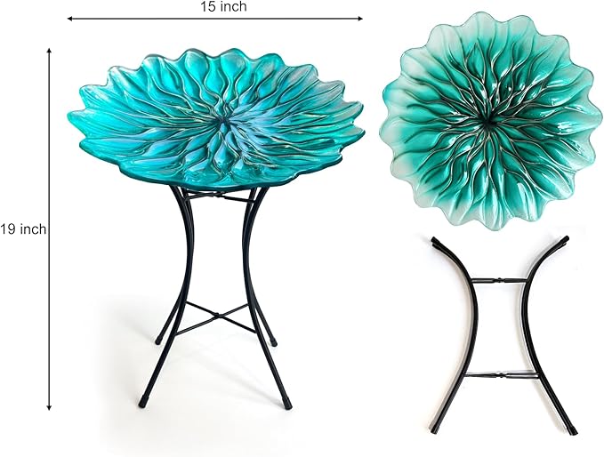 HONGLAND Bird Bath for Outside-Bird Baths for Outdoors-Glass Large Birdbaths Bowl with Metal Stand for Garden Patio Lawn Decor - Green