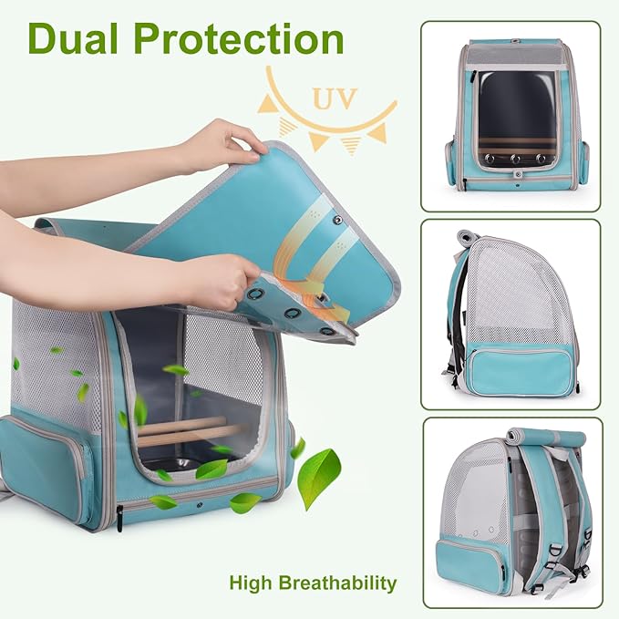 halinfer Bird Backpack Carrier Cage, Front Zipper Opening Portable Bird Travel Bag with Standing Perches and Metal Tray, Vented Carry Transport Carrier for Parakeet, Budgie, Conure, Cockatiel, Parrot