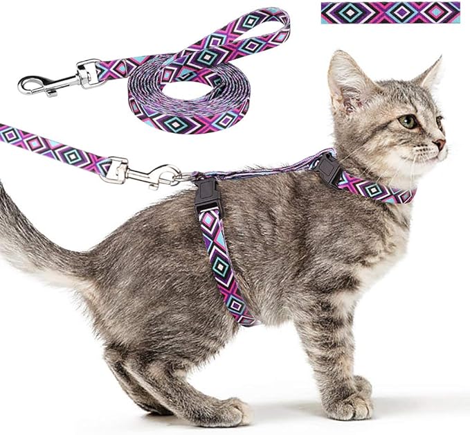 Cat Harness and Leash Set Geometric Pattern Escape Proof Adjustable for Kitty Outdoor Walking(Purple)