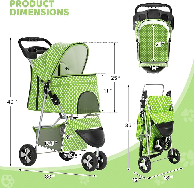 Magshion 3-Wheel Pet Stroller, Foldable Travel Jogger for Small & Medium Dogs & Cats (Up to 33lbs), Lightweight Carrier with Breathable Mesh Cover, Cup Holder & Storage Basket, Lawn Green Polka Dots