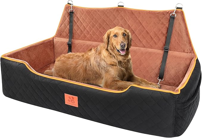 GL GLENSLAVE Dog Car Seat for Large/Medium Dogs, Comfortable Dog Car Booster for Back Seat, Fully Detachable & Washable Pet Travel Bed with Storage Pockets,2 Safety Belts