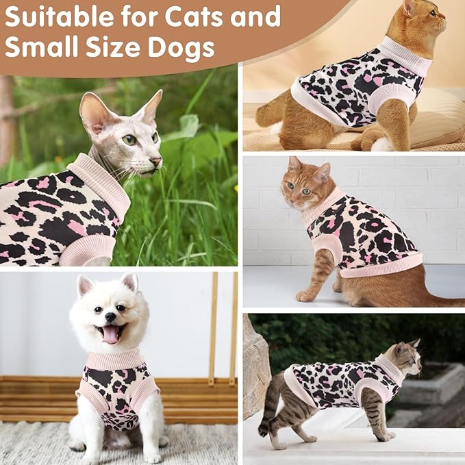 Idepet Cat Clothes Kitten Sweater Soft Kitten Shirt Cute Leopard Print Kitty Vest Pullover Pajamas Jumpsuit Cotton Apparel for Hairless Cats & Puppy (Pink,XXL)