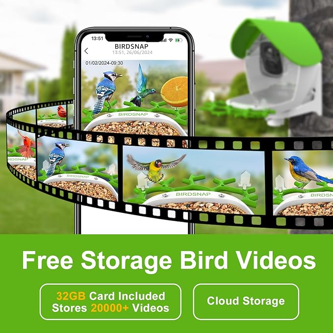 birdsnap® MON - Bird Feeder with Camera, 2K Detachable Video Bird Feeder Live with 32GB Card Fruit Fork, AI Identify Feather Species, Auto Record in Backyard, Ideal Gift for Birds Lover