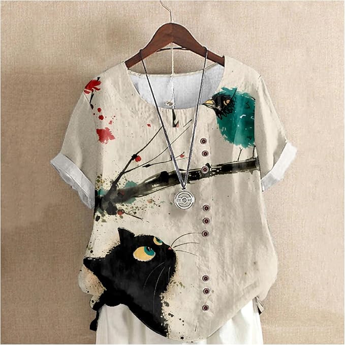 Japanese Print Women Summer Shirts Flower Bird Graphic Plus Size Tunic Tops Crewneck Short Sleeve Blouses