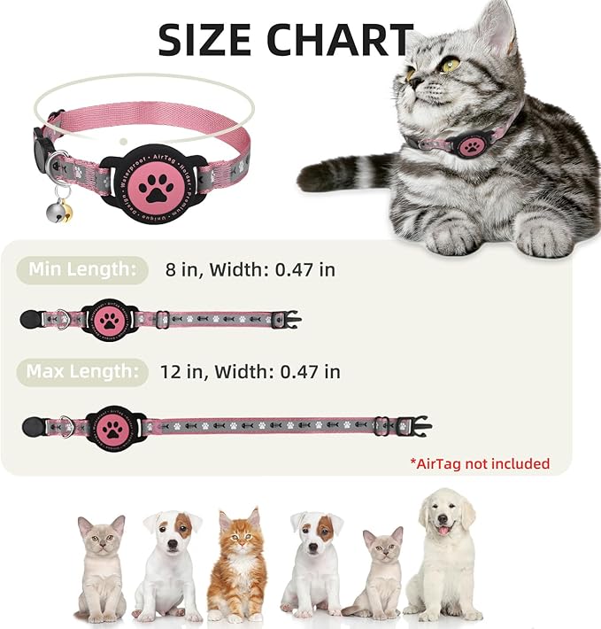 Waterproof Airtag Cat Collar, Reflective With Bell, Breakaway Holder, Lightweight for Apple Air Tag, GPS Collars for Girl Boy Cats, Kitten (Pink)