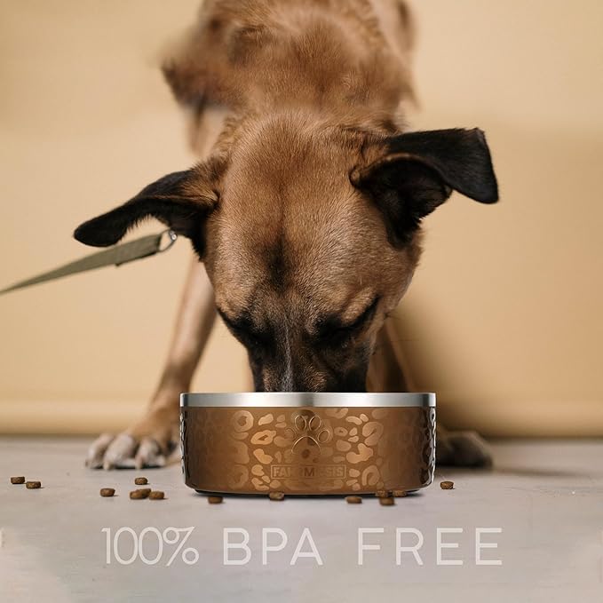 32 Oz Dog Bowl with Slow Feeder Insert Stainless Steel Pet Water Bowl for Medium & Large Breed Non Slip Rubber Base & Plastic Puzzle Feeder - Gold Leopard