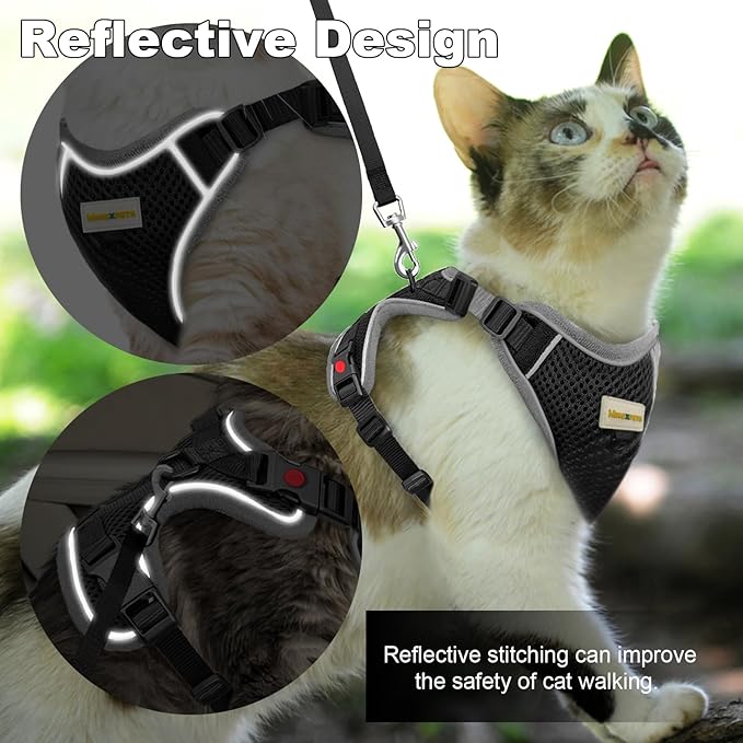 Cat Harness and Leash for Walking, Retractable Cat Harnesses and Leash Set Escape Proof, Breathable Soft Kitten Small Large Harness for Travel Training and Walking, Black, M