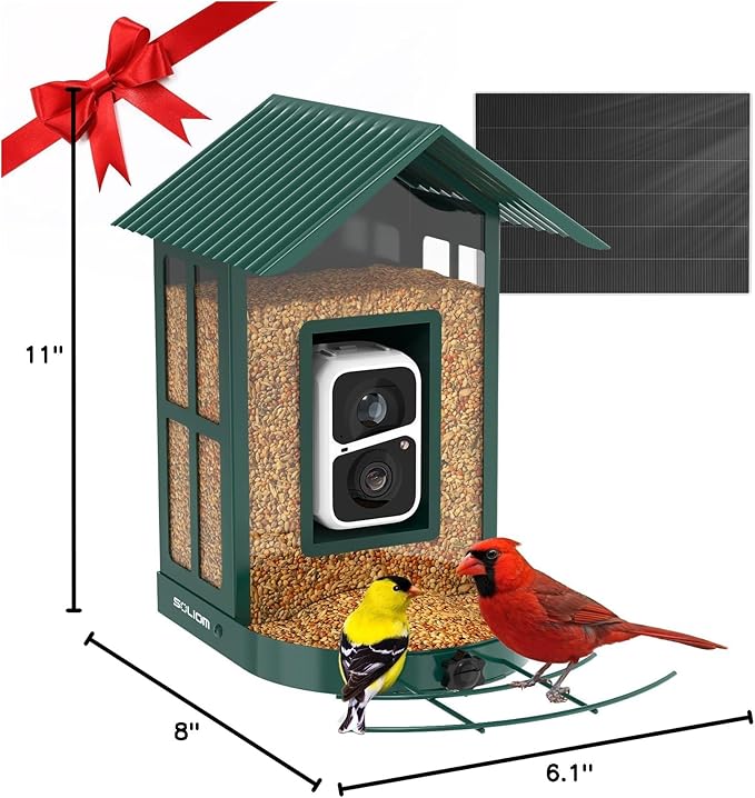 SOLIOM Solar Bird Feeder with Camera for Outdoors - Durable Metal AI Smart Birdhouse, 2K Live View & Instant Alerts, Squirrel Proof - Ideal Bird Watching Gift (Red)