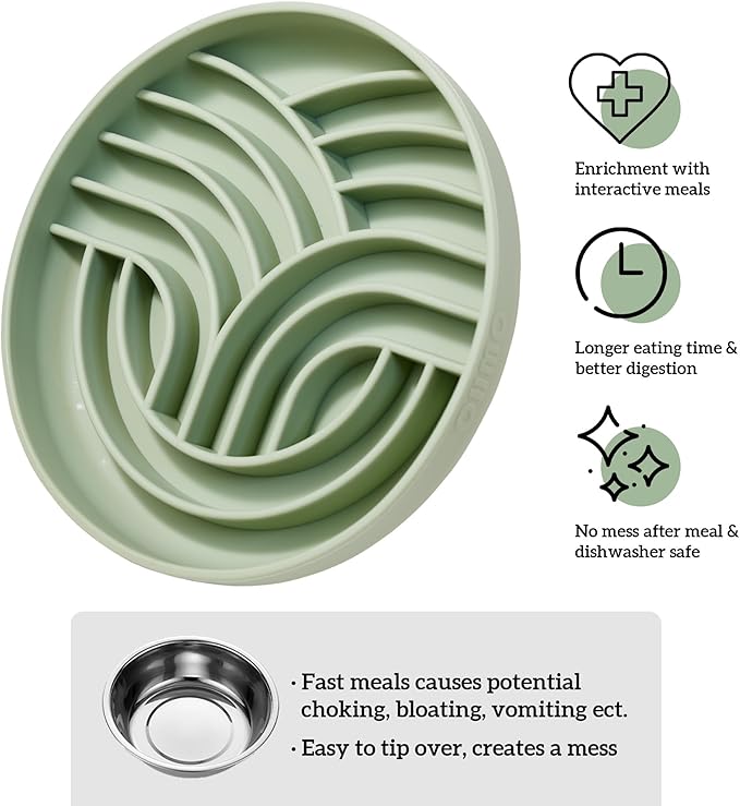 OHMO Slow Feeder Dog Bowls(Tree Life, Sage Green) Enrichment Soft Silicone Food Safe Feeding Bowl Non Slip Suction Cup for All Breed Pet, Cat Slow Down Eating Dishes, Boredom and Anxiety Reducer