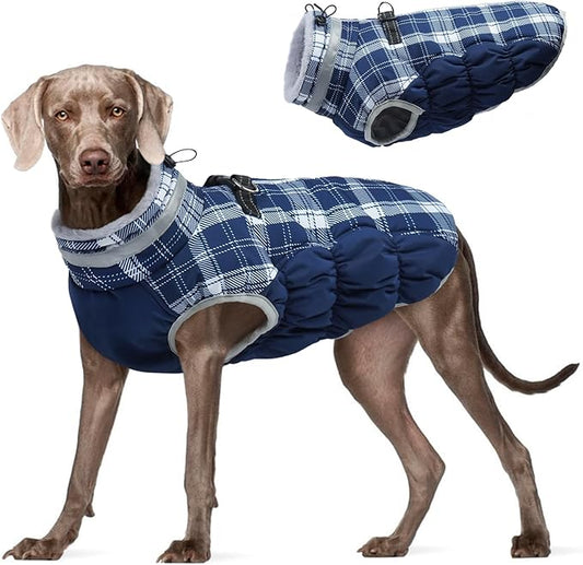 FUAMEY Dog Coat for Large Dogs,Waterproof Dog Winter Jacket with Harness Built in Puppy Cold Weather Coats Reflective Pet Vest with Zipper Warm Fleece Dogs Snowsuit Windproof Blue Plaid 2XL