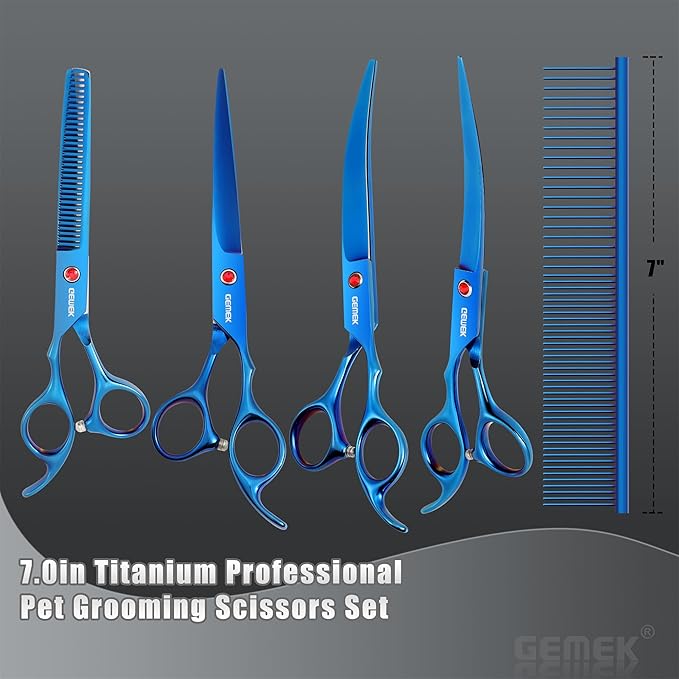 7.0in Titanium Professional Pet Grooming Scissors Set, GEMEK 6 in 1 Straight & Thinning & Upwards Curved & Downwards Curved Scissors & Comb for Dogs, Cats (Blue)