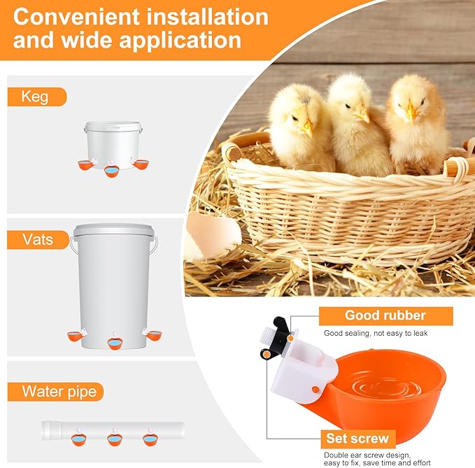 Chicken Waterer Cups (8 Pack/Orange) - DIY Automatic Large Chicken Water Feeder for Ducks,Chicks, Turkeys, Quail, Bunny, Bird and Other Various Poultry Dispenser with Matching Drill