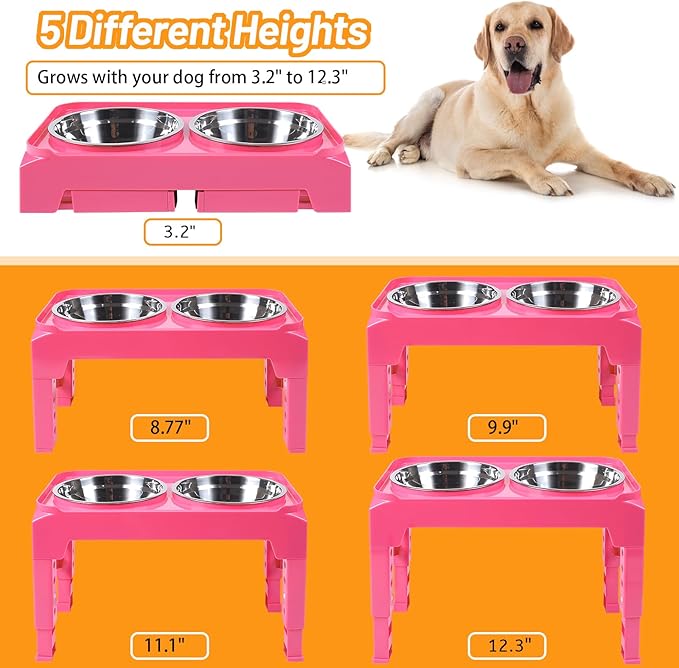 Hubulk Elevated Dog Bowls with 2 Stainless Steel Food & Water Raised Bowls with No Spill Edge Non-Slip Stand Adjusts to 5 Heights(3.2", 8.77", 9.9",11.1", 12.3")for Small Medium Large Dog and Pet Pink