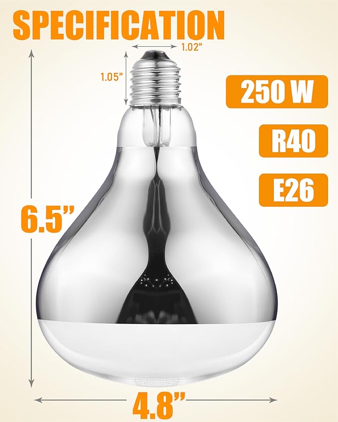 250W R40 Heat Lamp Bulbs, 8000 Hours Rated, Bathroom Shower Incandescent Light Bulb, Infrared Heating for Chickens, Reptiles, Pets, Food, E26 Base, 12 Pack