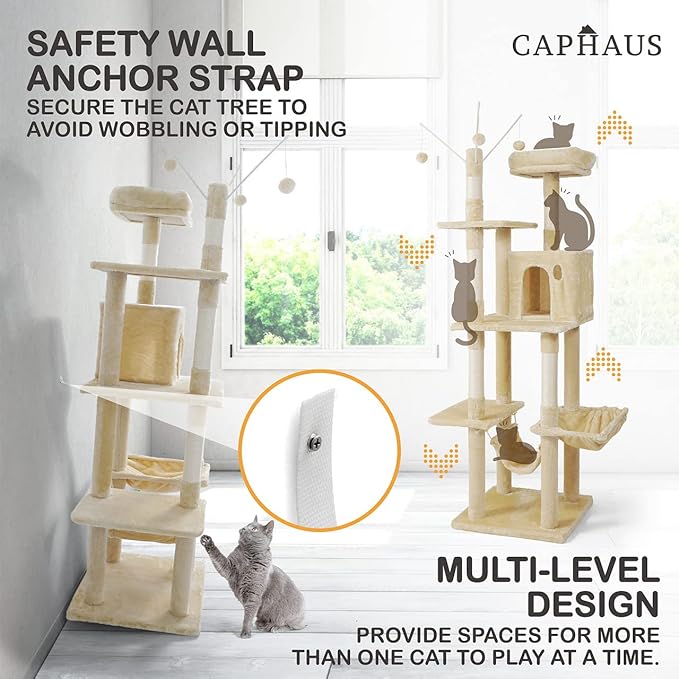 CAPHAUS 70-Inch Multi-Level Tall Cat Tree with Cute Top Perch, Scratching Posts, Cat Activity Tree w/Modern Hammock, Cat Cave Condo for Large Cats Kittens Tall Cat Climbing Play Tower