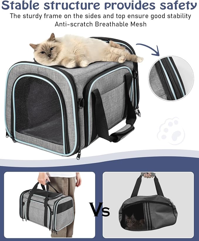 Siivton Cat Carrier,4 Sided Expandable Pet Carrier for Travel,Collapsible Soft-Sided Carriers with Removable Fleece Pad and Shoulder Straps,Airline Approved(17.5"x 11"x 11")