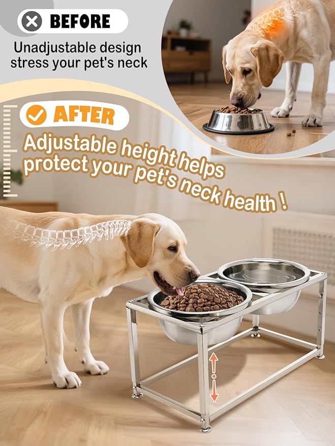 89OZ Large Capacity Raised Dog Bowls for Large Dogs - Full Metal 3 Height Adjustable (10", 12", 14") Food Water Bowl, Stainless Steel Medium Dog Elevated Bowl for Relief Joint Pressure