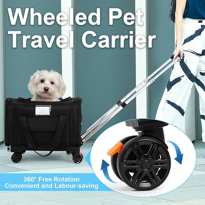Pet Carrier Airline Approved, Expandable Pet Cat Carriers with Wheels for Dogs, Airline Approved Cat Dog Carrier, TSA Approved Pet Carrier In Cabin, Pet Dog Cat Carrier Soft,Cat Travel Carriers(Black)