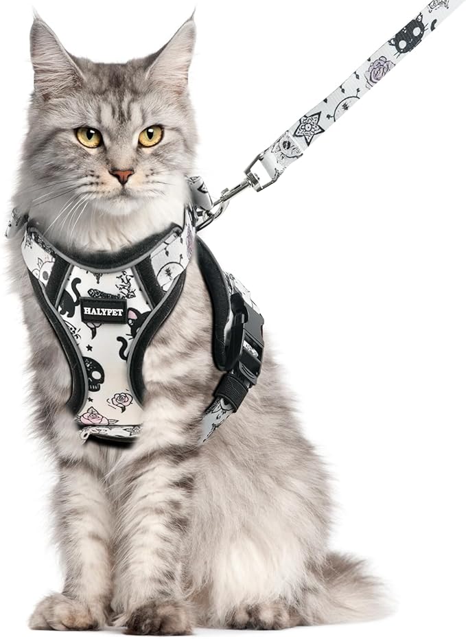 Halypet Cat Harness and Leash Set for Walking, Escape Proof Adjustable Vest Harness with 3-in-1 Integrated Buckles, Easy Control Soft Breathable Mesh with Reflective Strips for Cats, M, Moonlight Meow
