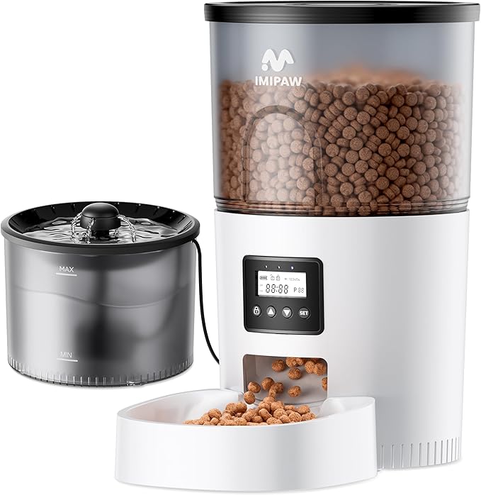 IMIPAW Automatic Cat Feeder and Water Fountain, Timed Dry Food Dispenser, Programmable Portion Control, 1-6 Meals Per Day, Desiccant Bag, Cat Fountains for Drinking with Filter, Small Pets (3L Combo)