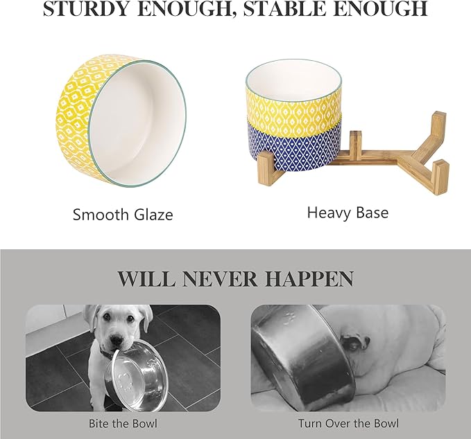 Selamica Ceramic 30 OZ Dog Bowls with Wooden Stand, Anti-Slip Dishes Set for Cats and Small Dogs, Weighted Bowls in Assorted Colors