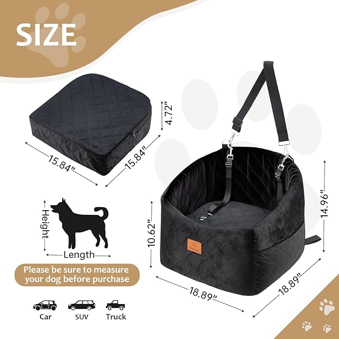 Dog Car Seat for Small/Medium, Memory Foam Dog Booster Car Seats with Thick Cushion for Dogs Under 30lbs, Detachable Washable Pet Travel Bed with Storage Pockets & 2 Safety Belt