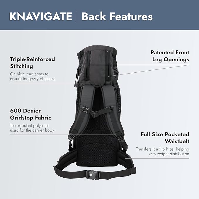 K9 Sport Sack Knavigate - Large, Midnight Black - Ideal for Dogs with 20-22” Back Length - Adjustable, Backpack-Style Carrier with Internal Frame & Padded Hip Belt