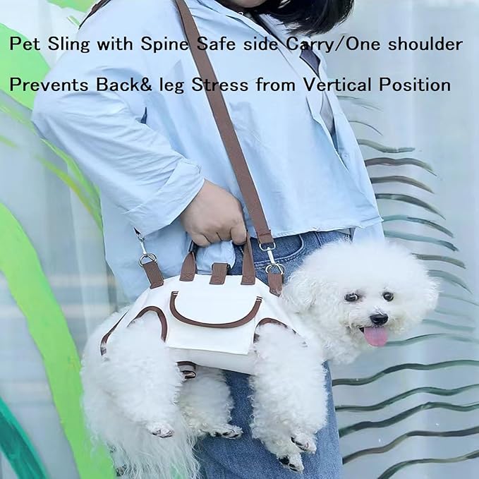 Dog Carrier Sling, Hands Free Shoulder Yorkie Carrier, Dog Full Body Lift Harness for Small Dogs-Portable Adjustable Breathable Vest Straps with Small Pet Treat Bag, for Dogs & Cats (Beige, S)