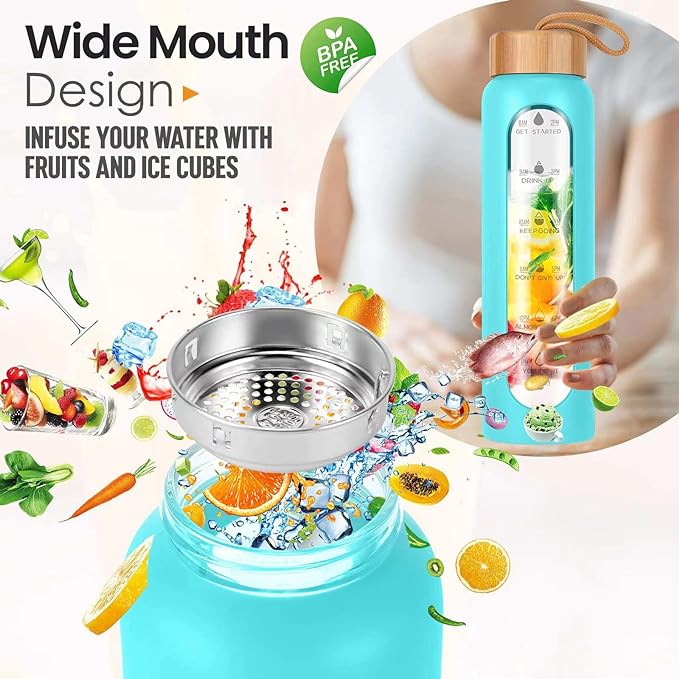 Aqulea Glass Water Bottles 32 Oz with Silicone Sleeve - BPA Free Reusable Wide Mouth Glass Motivational Water Bottles with Fruit Infuser – Leak Proof Borosilicate Water Bottle with Time Marker (Teal)