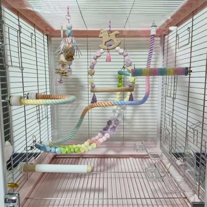 3pcs Nopikku Gradient Bendable Bird Rope Perches Climbing Rope Toys Fun Bird Cage Accessories for Parakeet Lovebirds Cockatiels Budgies Play (2 Long + 1 Short)