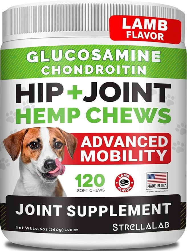 Advanced Hemp + Glucosamine Dog Joint Supplement - Hip Joint Pain Relief - Mobility Chews for Dogs - Chondroitin, MSM, Omega - Made in USA - Lamb Flavor - 120 Hemp Treats